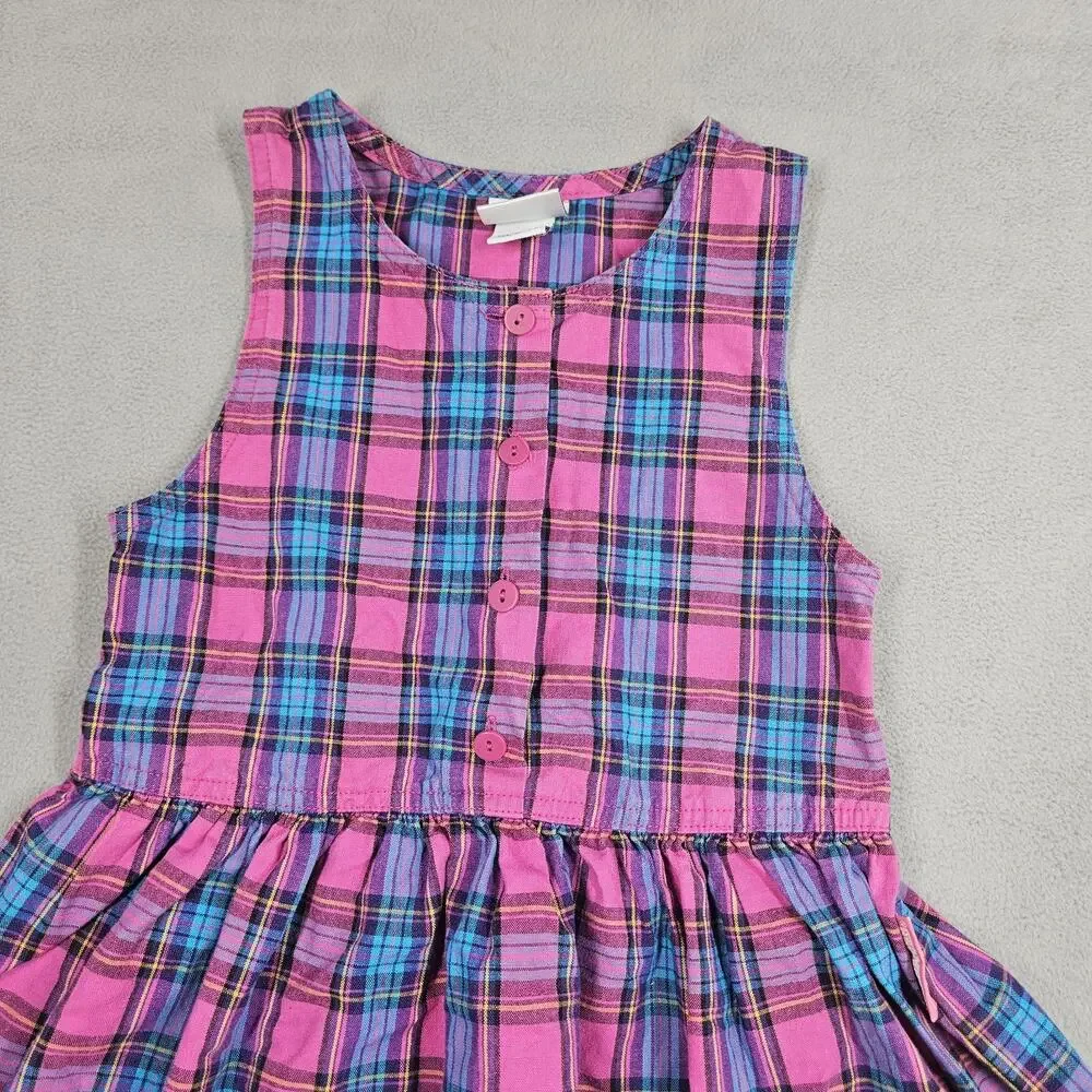 Vintage Oshkosh B’Gosh Dress Girls Size 4 Blue Pink Plaid USA Made 90s Summer